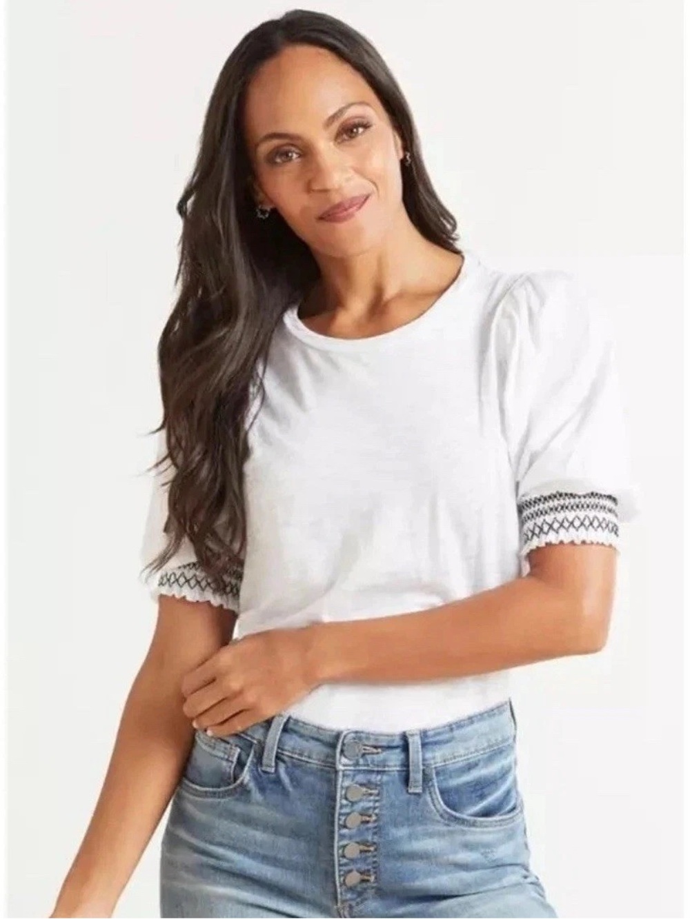 Goldie Pima Cotton Puff Sleeve Tee Shirt White S